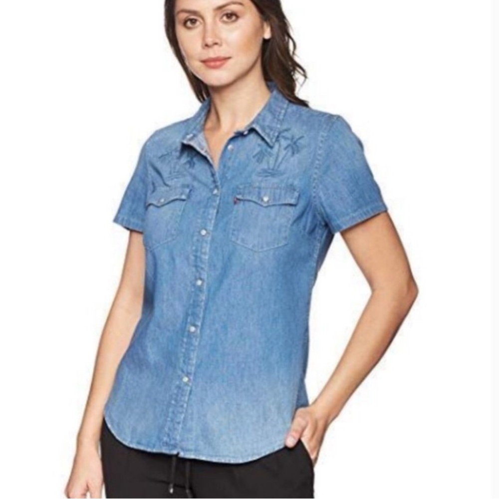 Levis Denim Button Down Palm Tree Embroidered Top… - image 1